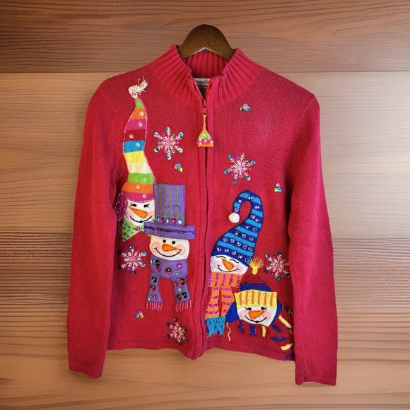 Tiara International Sweaters - Vintage Christmas Sweater S Full-Zip Cardigan 3D Embroidered Snowman Mock-Neck